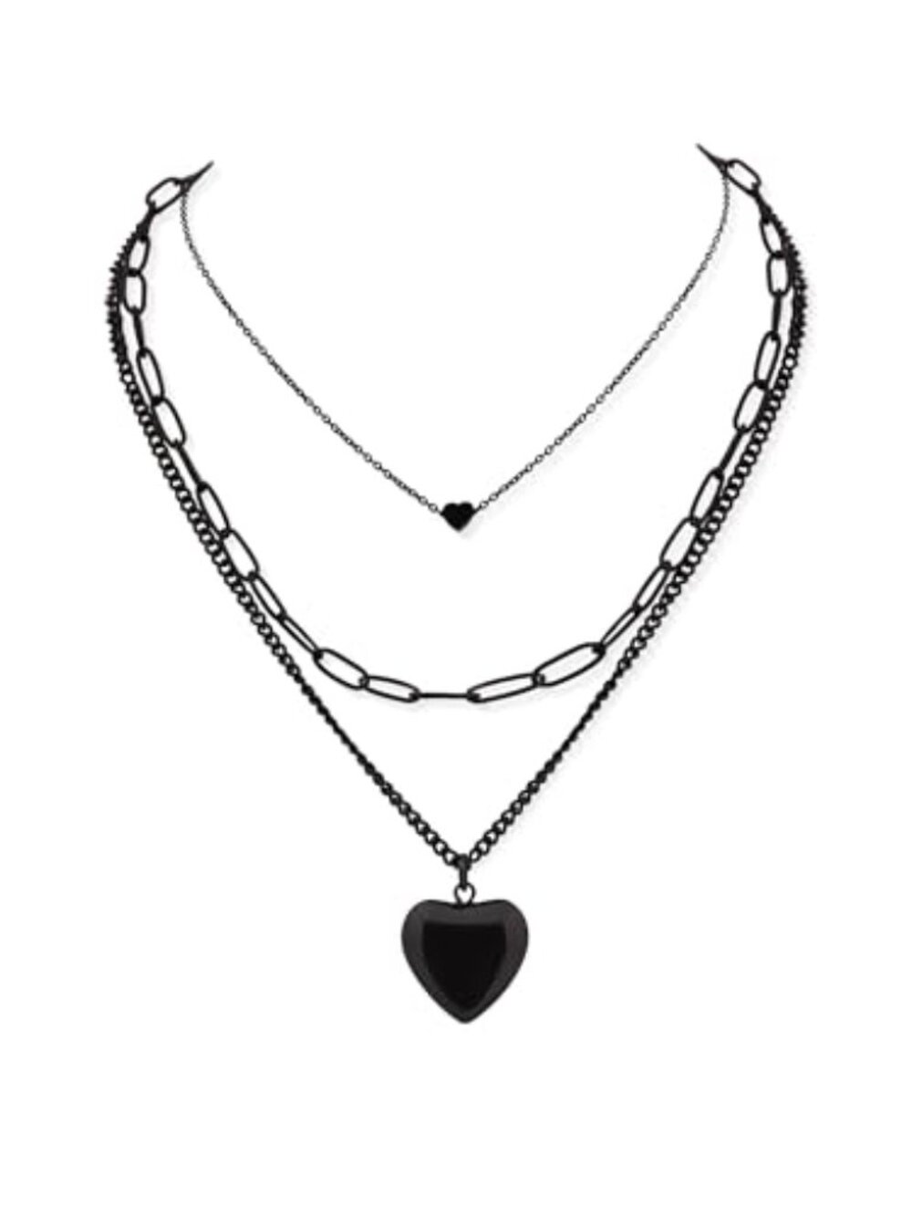 Gothic Layered Heart Pendant Necklace, Emo‎ Punk Grunge Necklace, Goth Jewelry